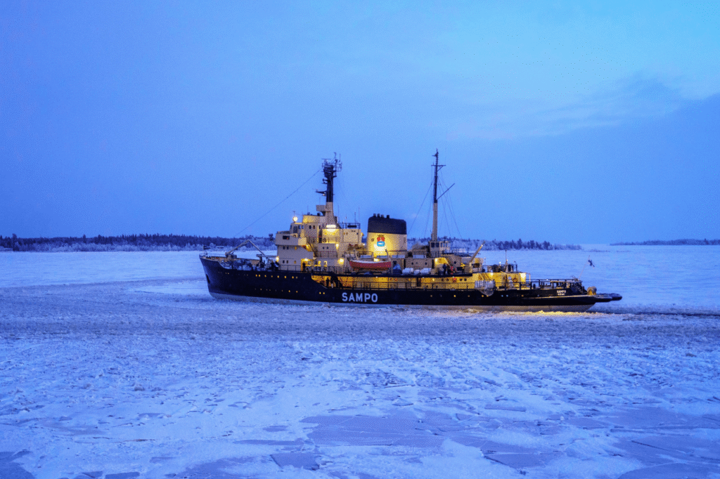 Sampo icebreaker ship cruising through the frozen sea near Kemi